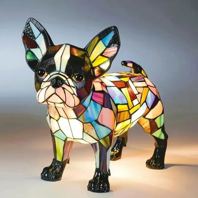 Parisian puppy glow lamp shaped as a French Bulldog in multicoloured mosaic glass