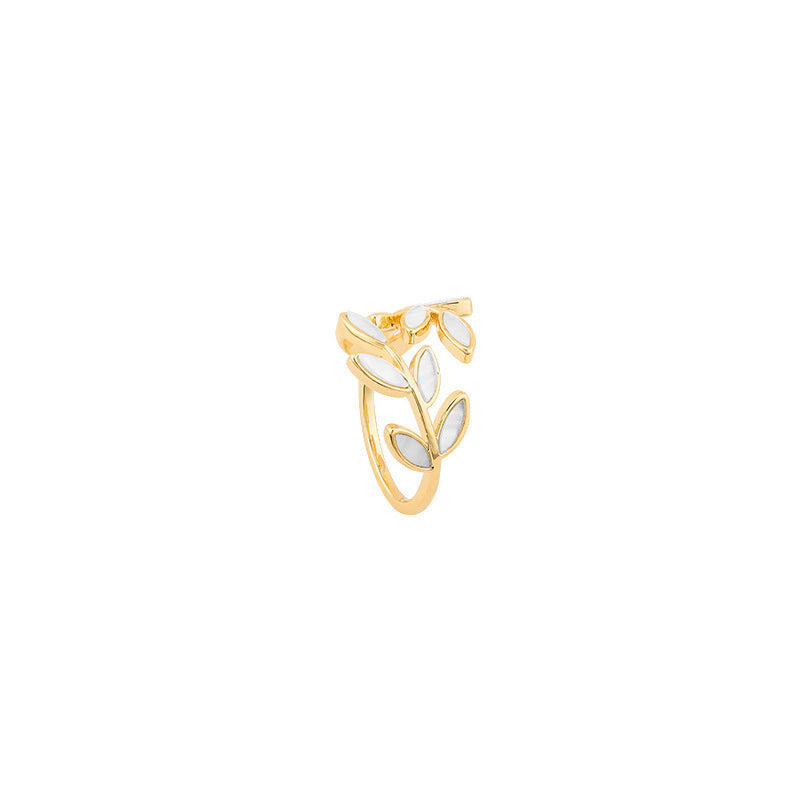 Leaf and opal adjustable ring in gold, product view on white