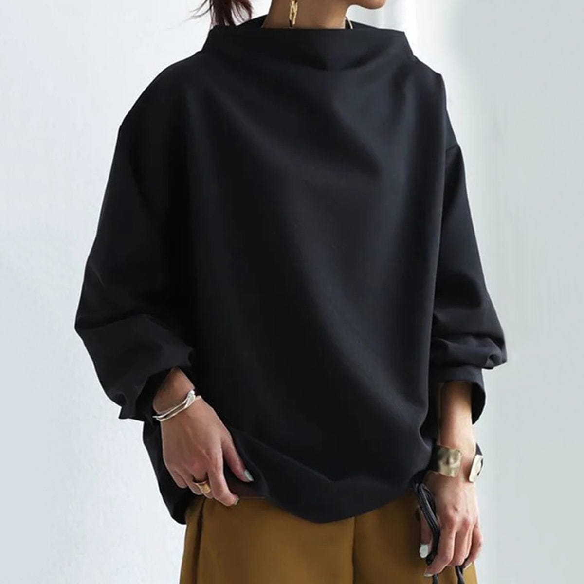 Elspeth high-neck casual top in black, full front view