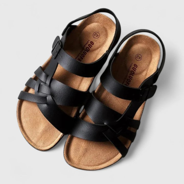 Lourizeth elegant sandals in black, top view with ankle buckles