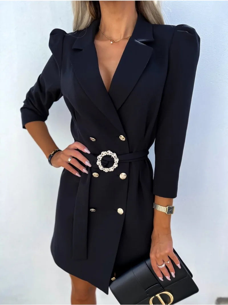 Marcelline blazer dress in black, front view with jewelled belt buckle