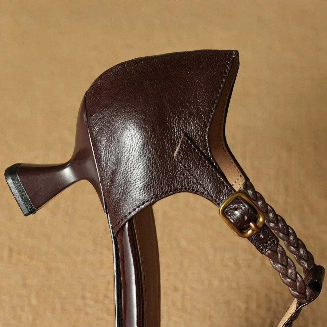 Kathy sandals in brown, back view of slim heel and buckle strap