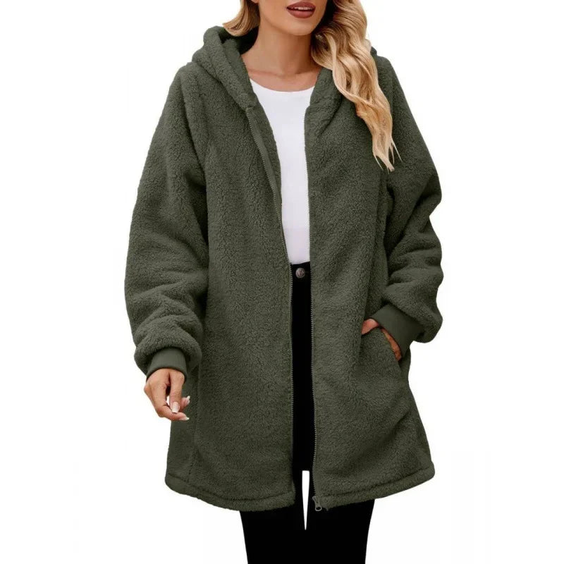 Lottie hooded fleece jacket in army green, front view
