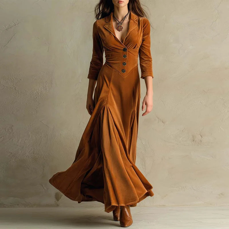 Marlow velvet maxi dress in caramel brown, front view in movement