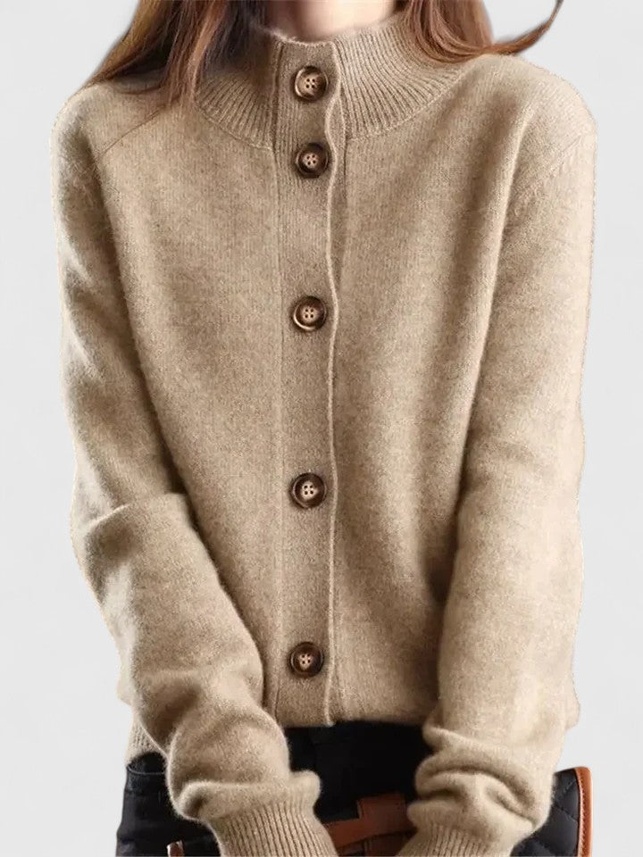 Mireille button-up cardigan in khaki, buttoned front with ribbed stand collar