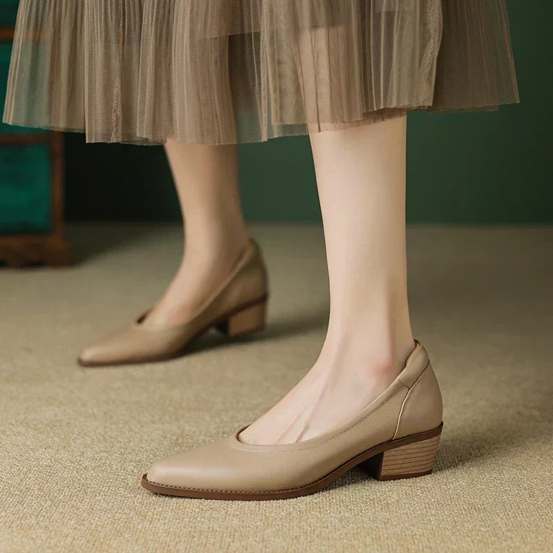 Michela mid-heeled shoes in apricot, worn front view