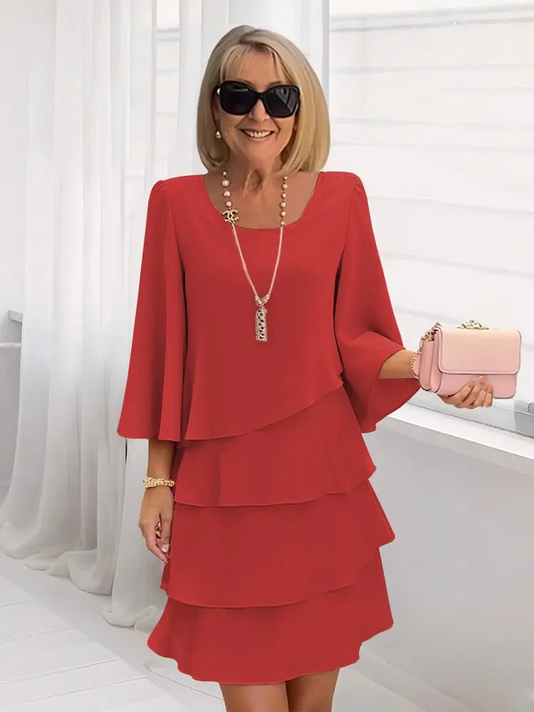 Catherine elegant comfort ruffle dress in red, full-length front view
