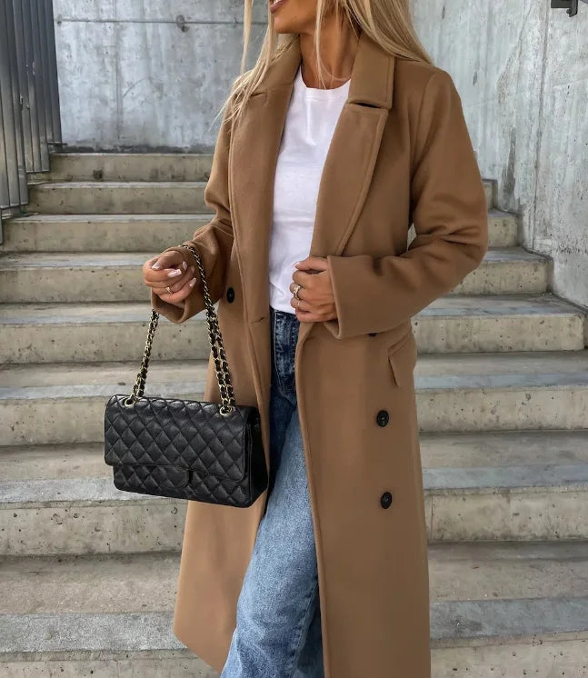 Gwyneth long lapel coat in light brown, side view with lapels