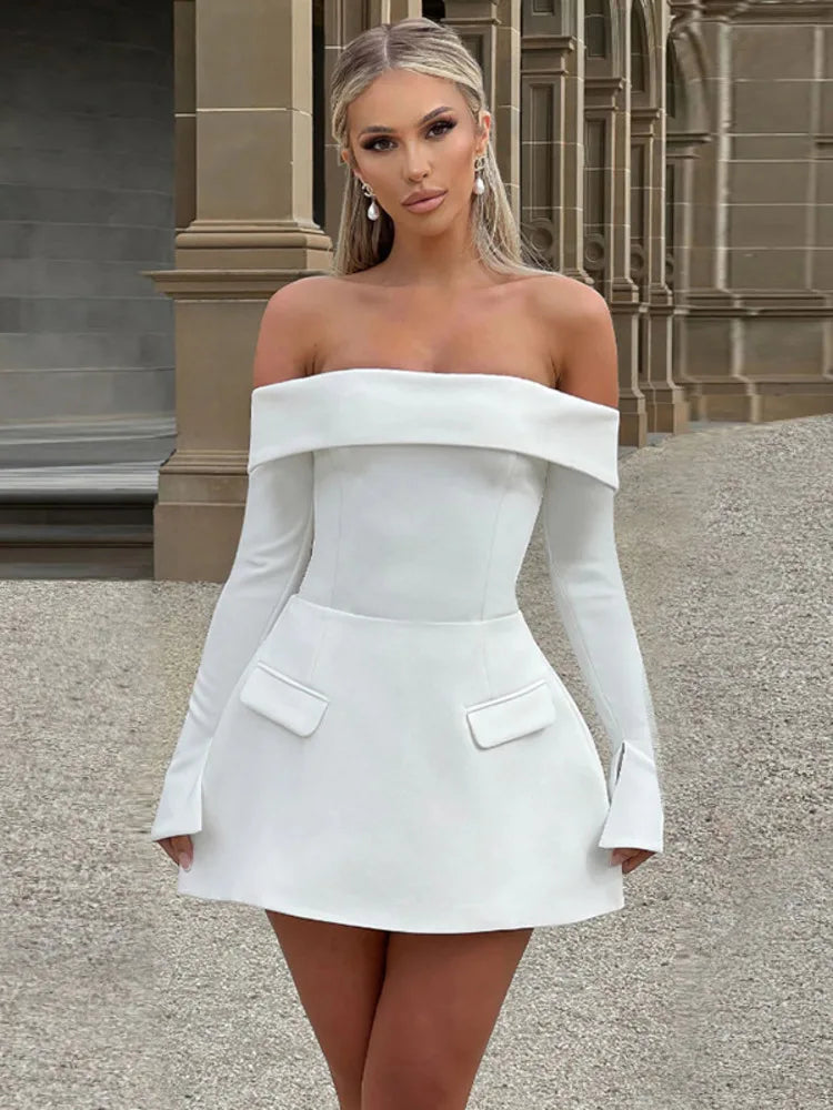 Nyra sophisticated skater dress in white, full-length front view
