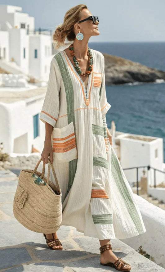 Vera kaftan dress in green and orange stripes, full-length side view