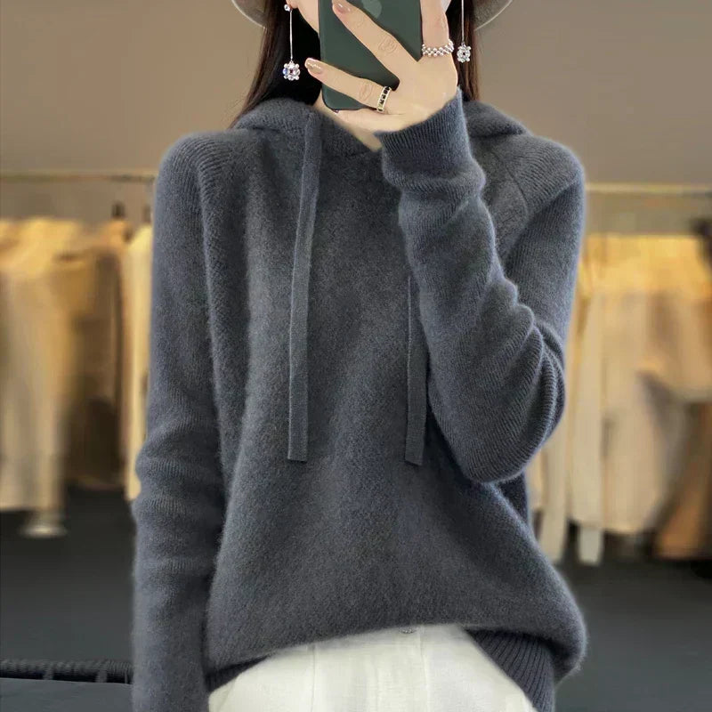 Rynlei hooded knit sweater in dark grey, front view