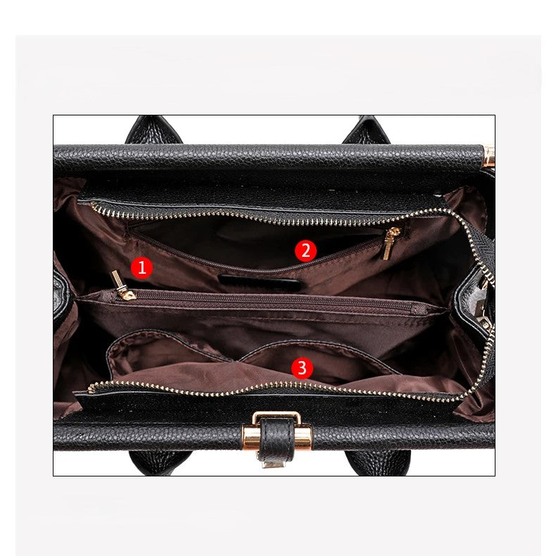 Aurelia croc handbag interior showing three compartments and zip pockets