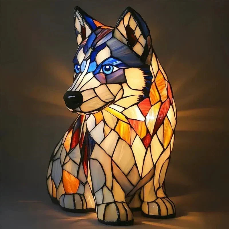 Luna husky lamp in cream, amber and blue mosaic, lit front view