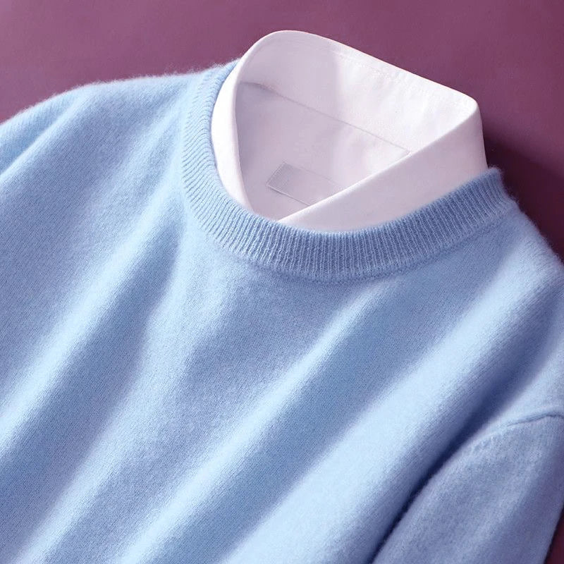 Lucy soft crew neck sweater in light blue, close-up of neckline