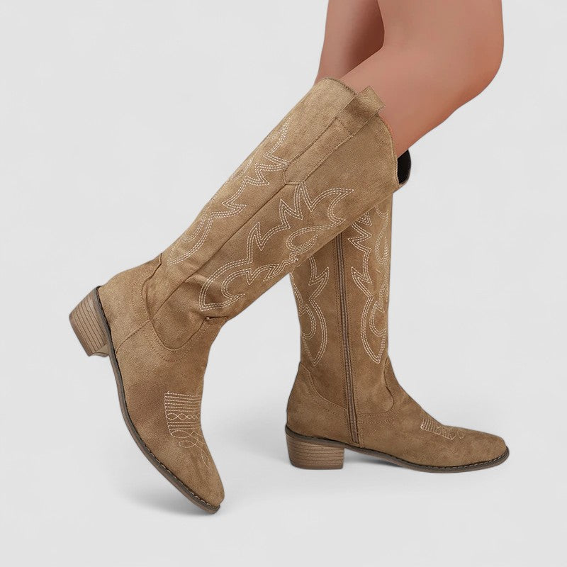 Cornelia western boots in khaki, worn knee-high side view