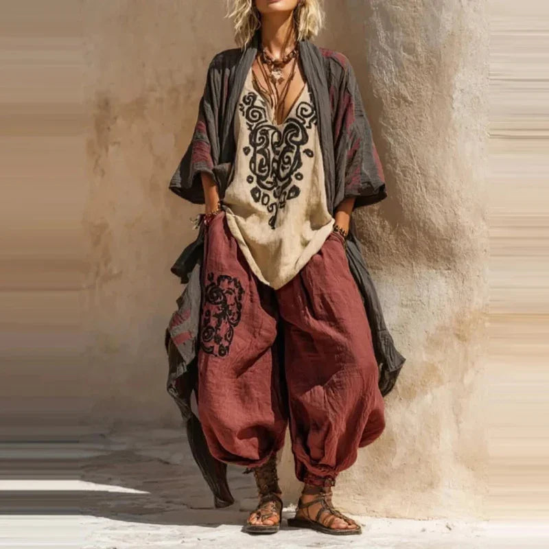 Florence three-piece linen set in wine red, full-length front view