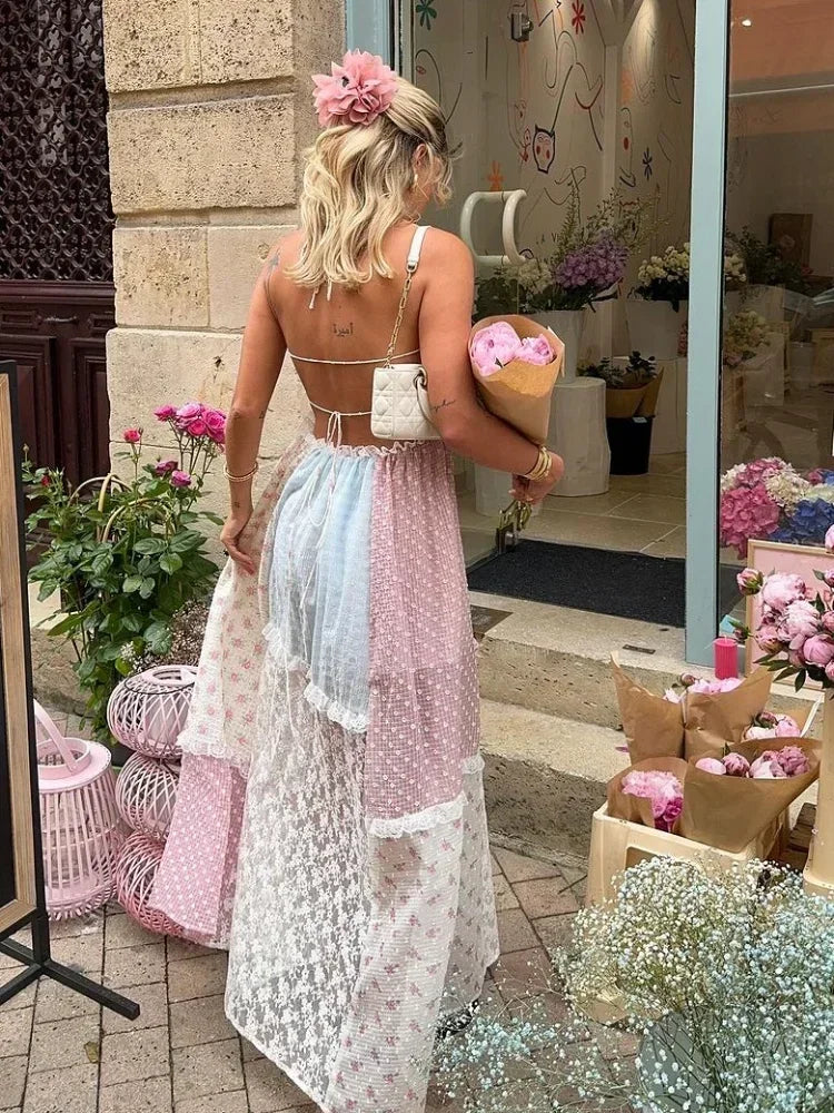Isabella patchwork maxi dress in cream pastels, back view with lace hem
