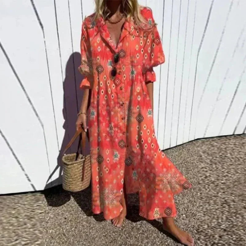 Rimmey boho dress in red patterned print, full-length front view