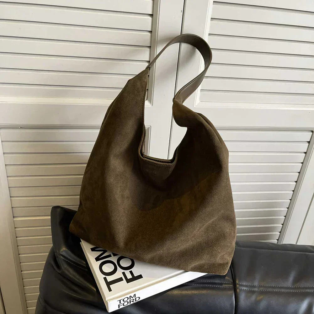 Ottilie shoulder bag in army green suede, front view