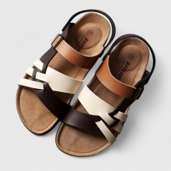 Lourizeth elegant sandals in brown and cream, overhead view