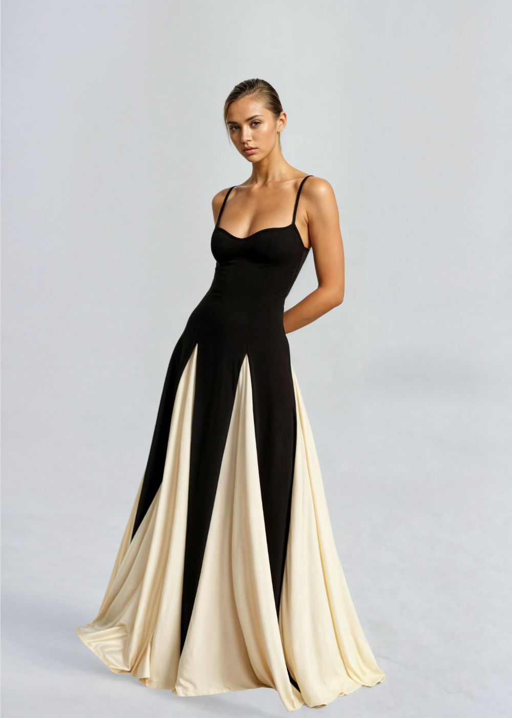 Alwen maxi dress in black and cream, cream panels sweeping open