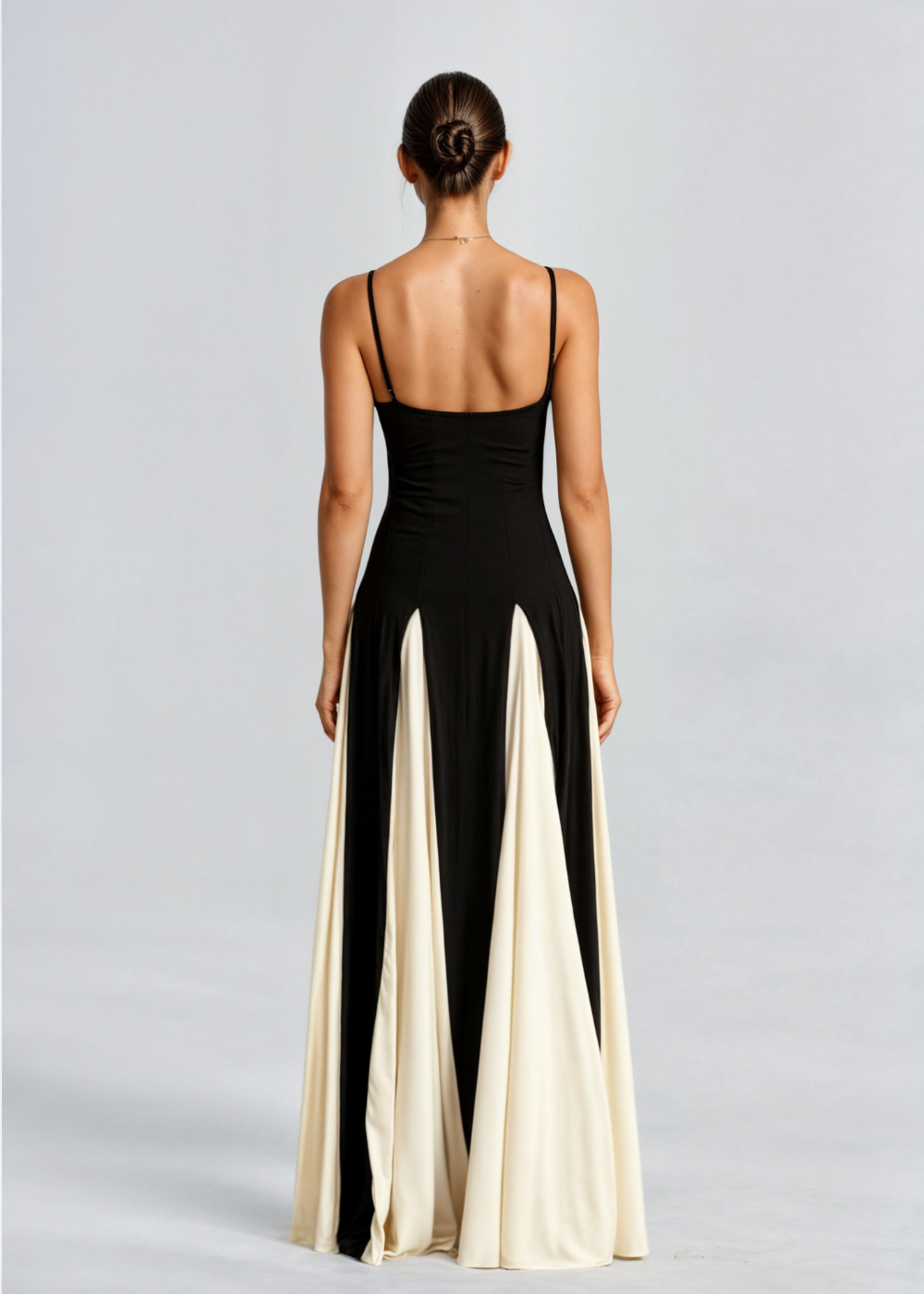Alwen maxi dress in black and cream, low back and flared skirt