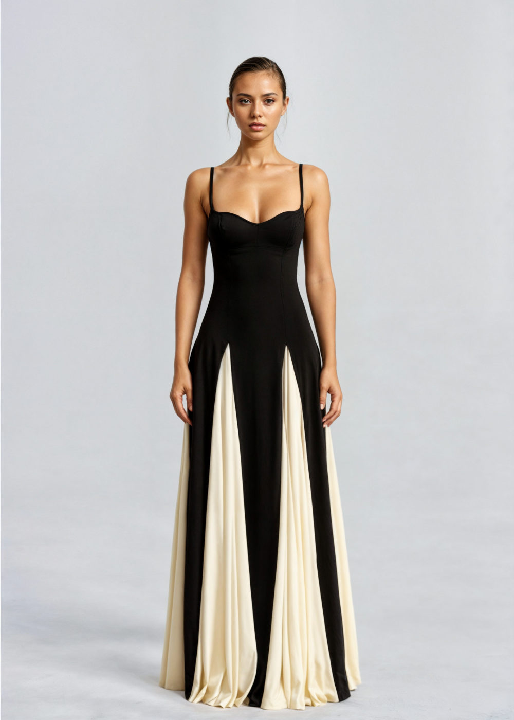 Alwen maxi dress in black and cream, sweetheart neckline front view