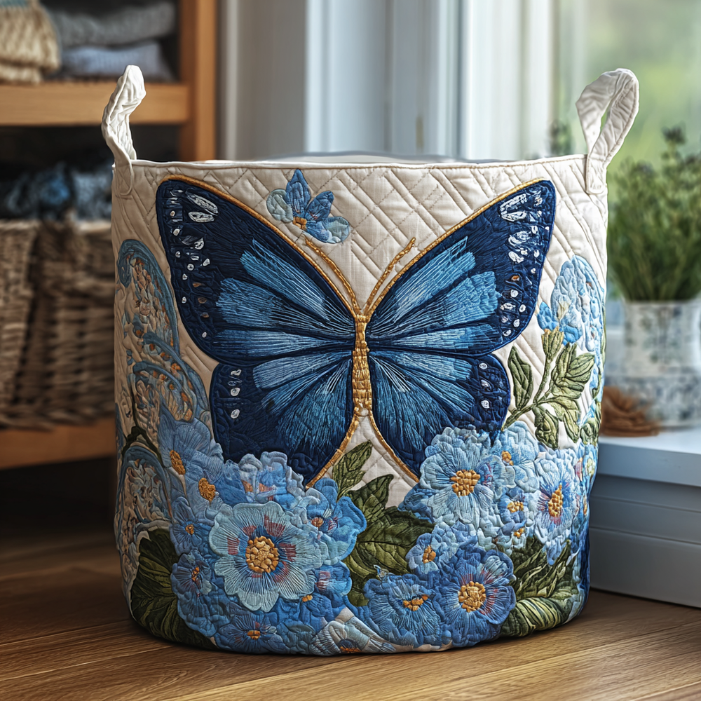 Serena hand-quilted laundry basket with blue butterfly and floral design