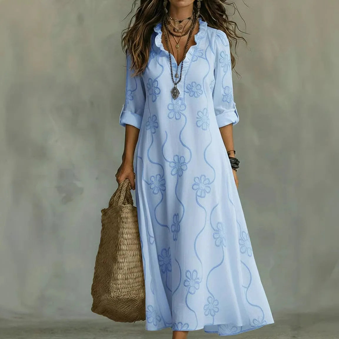 Ardyne embroidered maxi dress in light blue, full-length front view