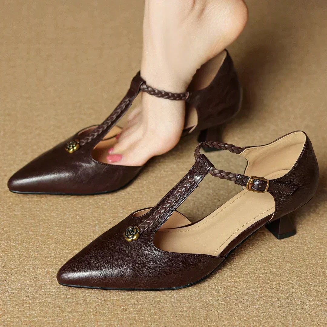 Kathy elegant leather sandals in brown, worn side view with braided T-strap