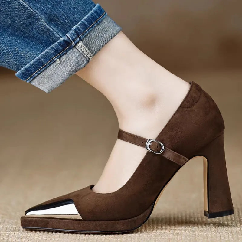 Orvanna Mary Jane heels in brown, profile view with buckled ankle strap