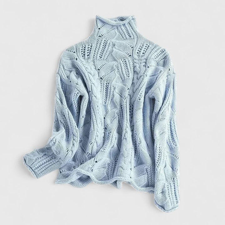 Zendrielle cable knit sweater in blue, front view