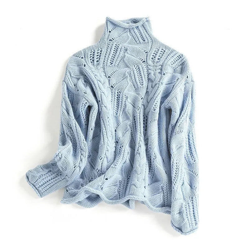 Nivora cable-knit turtleneck sweater in blue, front view
