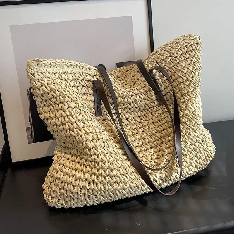 Large woven tote bag in khaki, front view