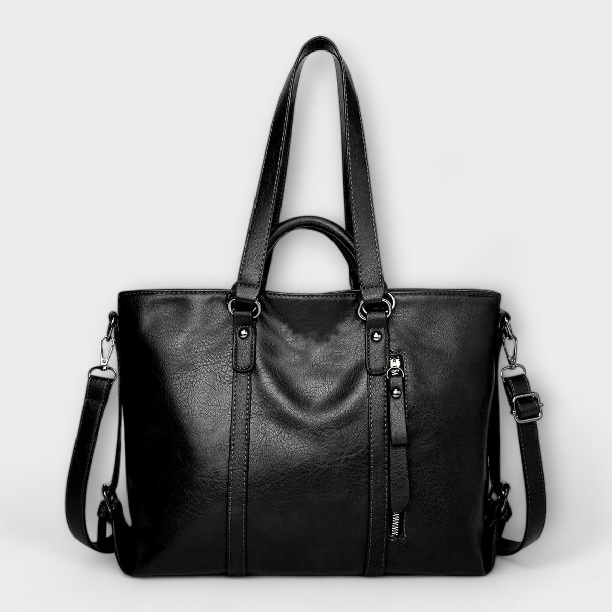 Olívia large tote bag in black, front view with long handles raised