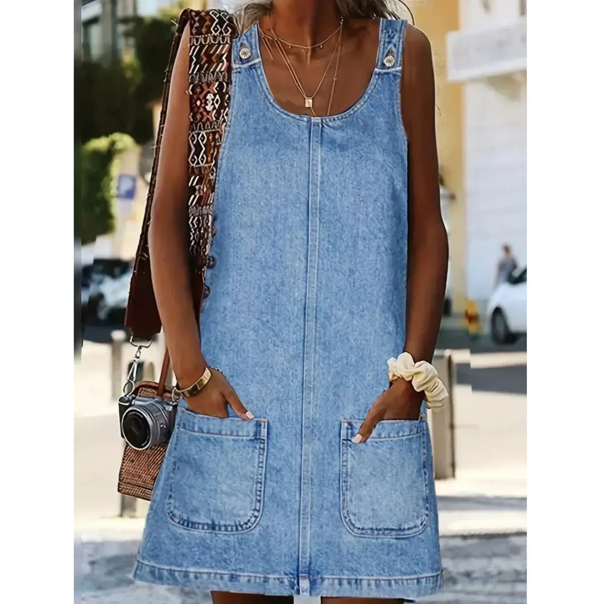 Saylor denim-look dress in light blue, worn on a sunny street
