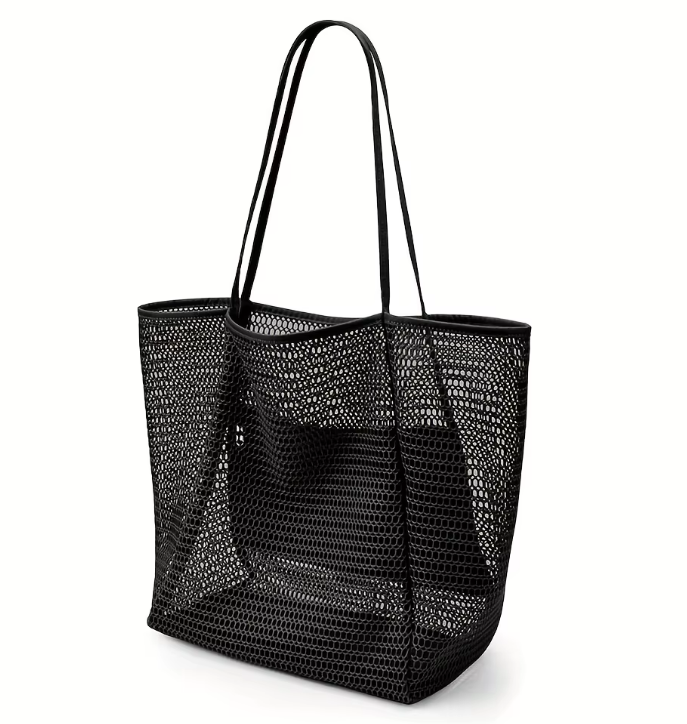 Boho mesh beach tote bag in black, angled side view
