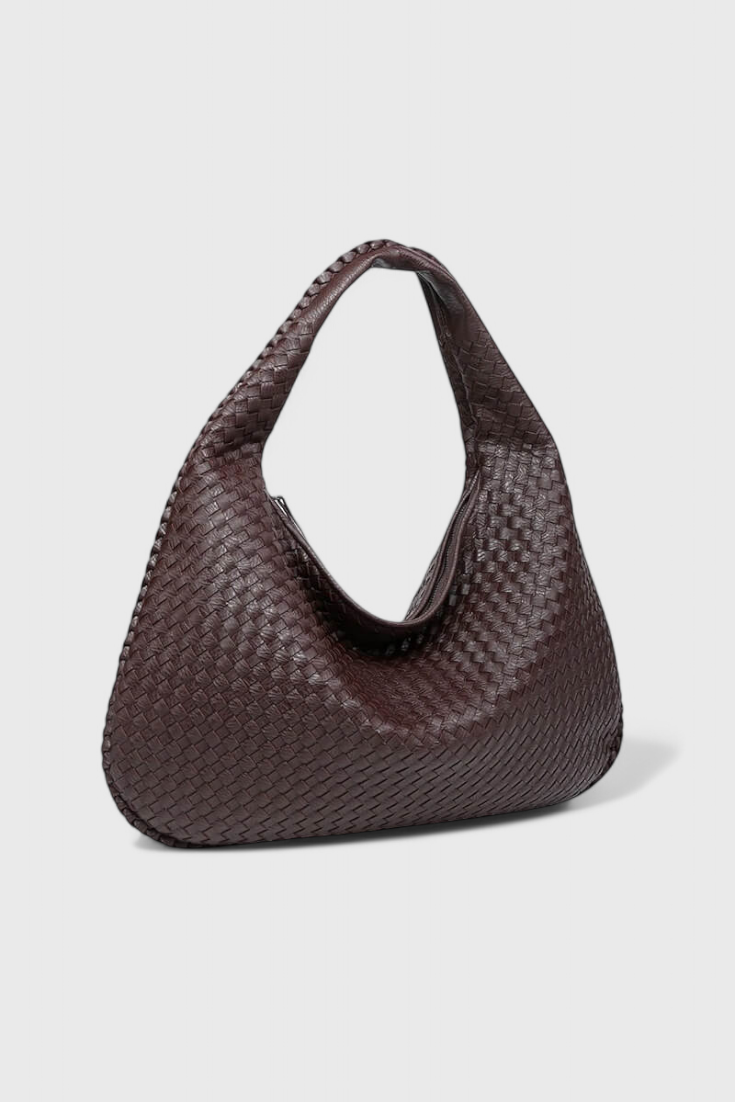 Tilly knitted shoulder bag in dark brown, angled view