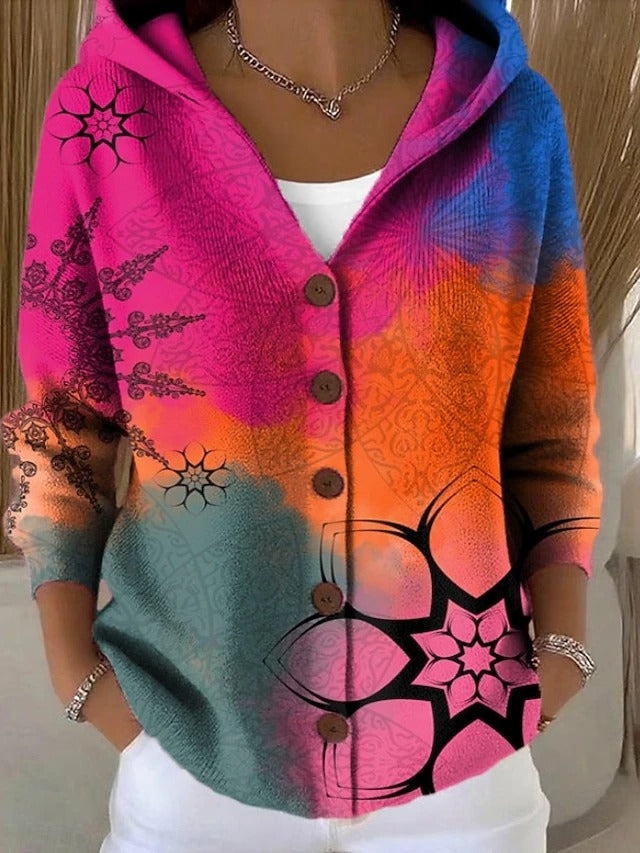 Paloma printed hooded cardigan in fuchsia gradient mandala print, front view