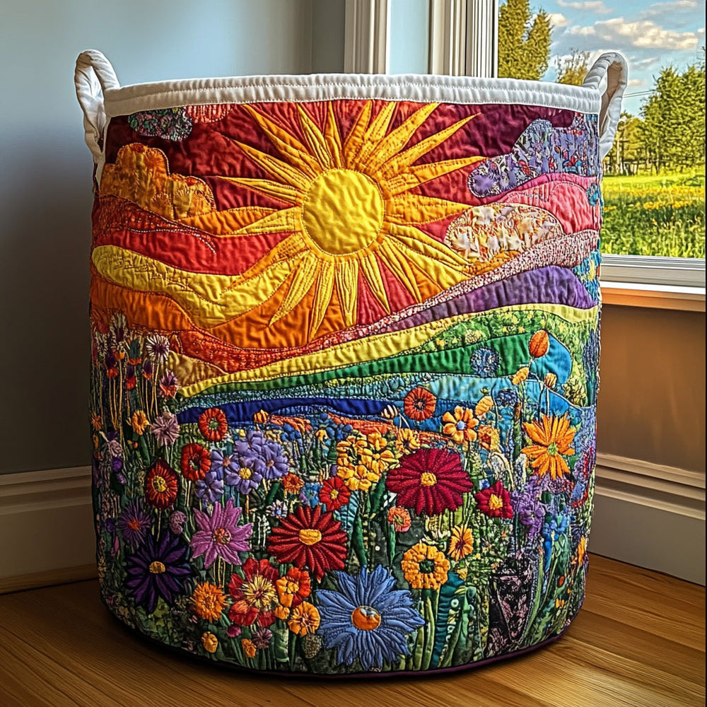 Amelia hand-quilted laundry basket with sunburst and wildflower meadow design