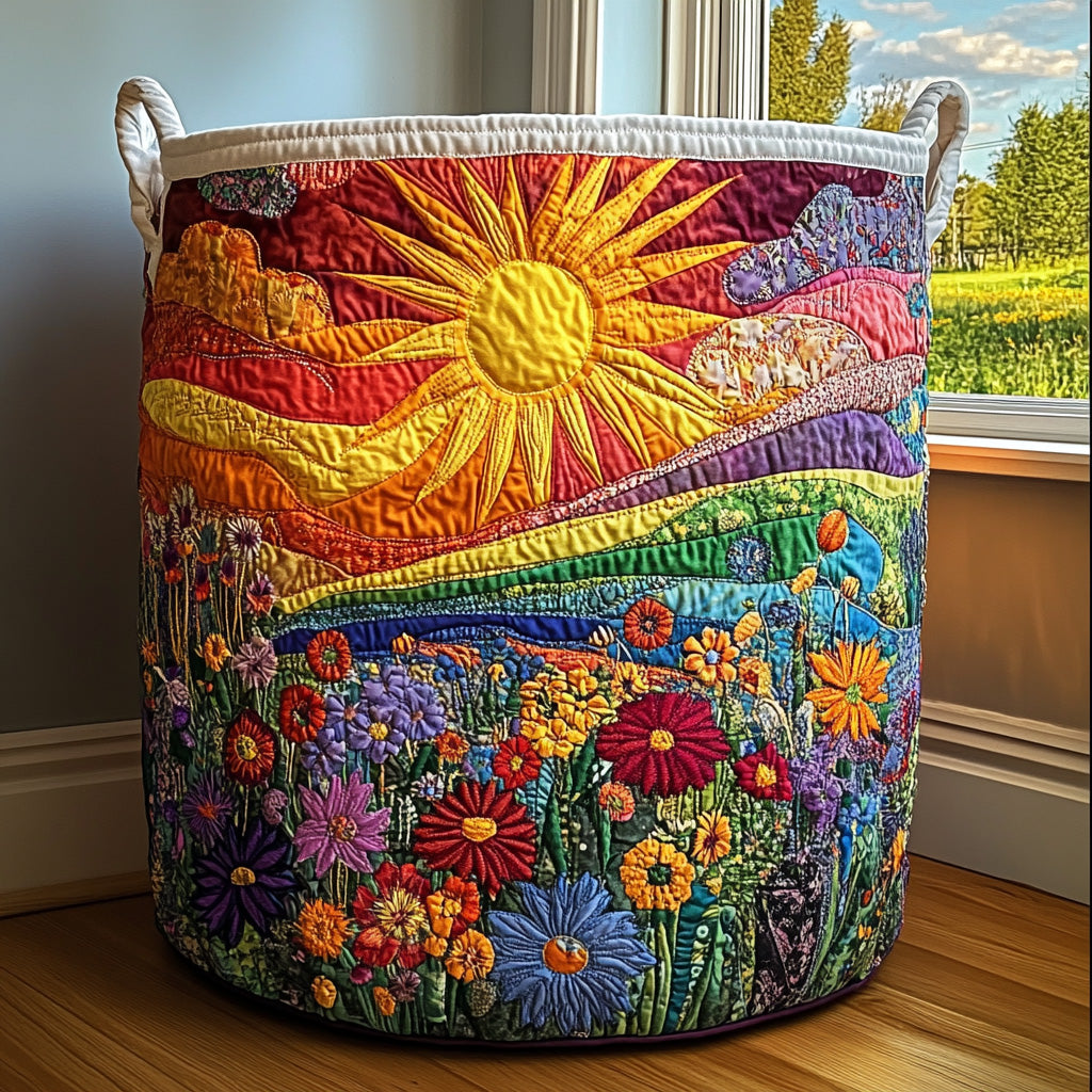 Amelia hand-quilted laundry basket with sunburst and wildflower meadow design