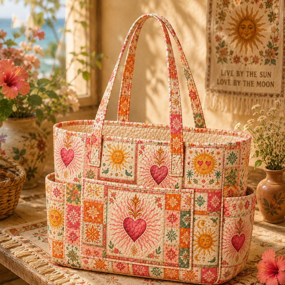Romane summer beach tote bag in cream with pink heart and golden sun print, front view