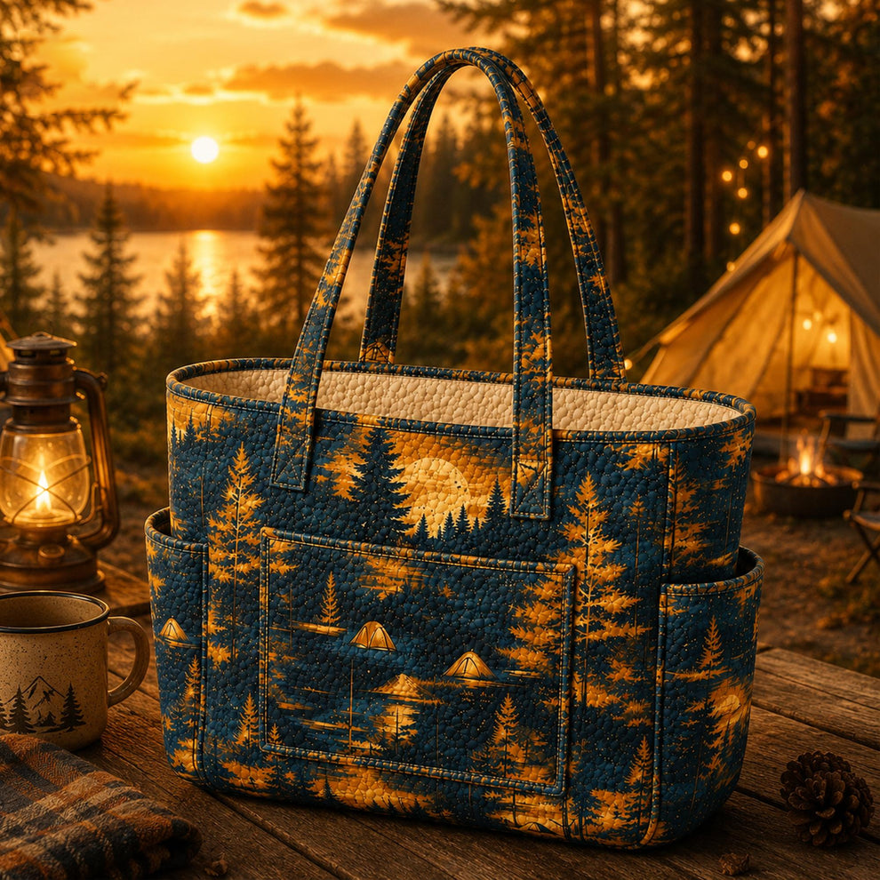 Alice quilted tote bag in teal blue and gold with wild camping forest print