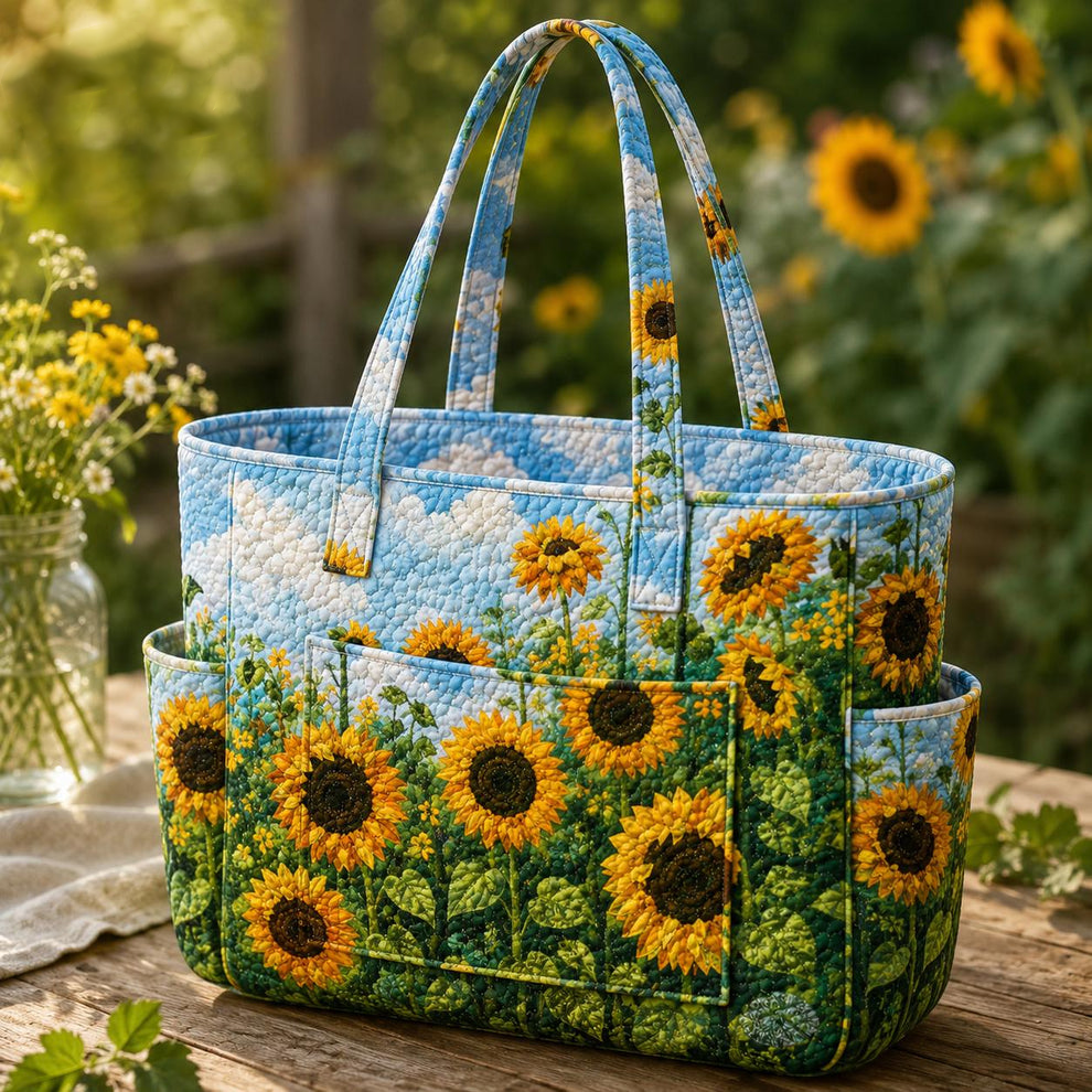 Véronique tote bag with bright sunflower and blue sky print, front view with twin handles