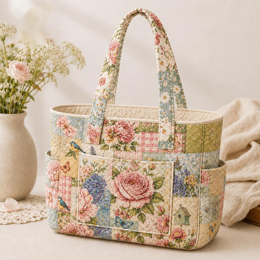 Victoire vintage floral quilted tote bag in cream, front view with twin handles