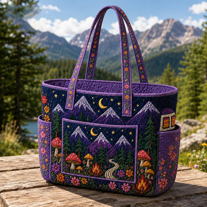 Gabrielle quilted tote bag in purple and navy with starry mountain design, front view