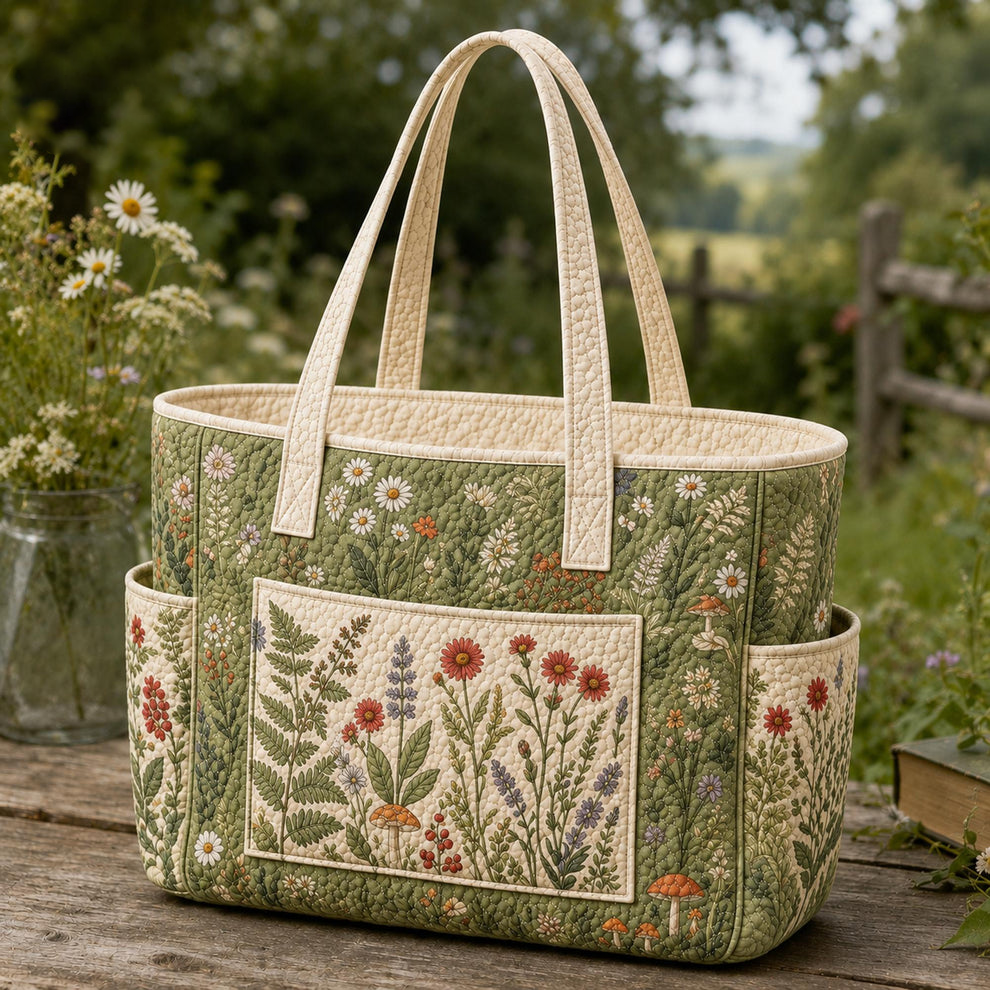 Audrey wildflower quilted tote bag in sage green and cream, front view with top handles