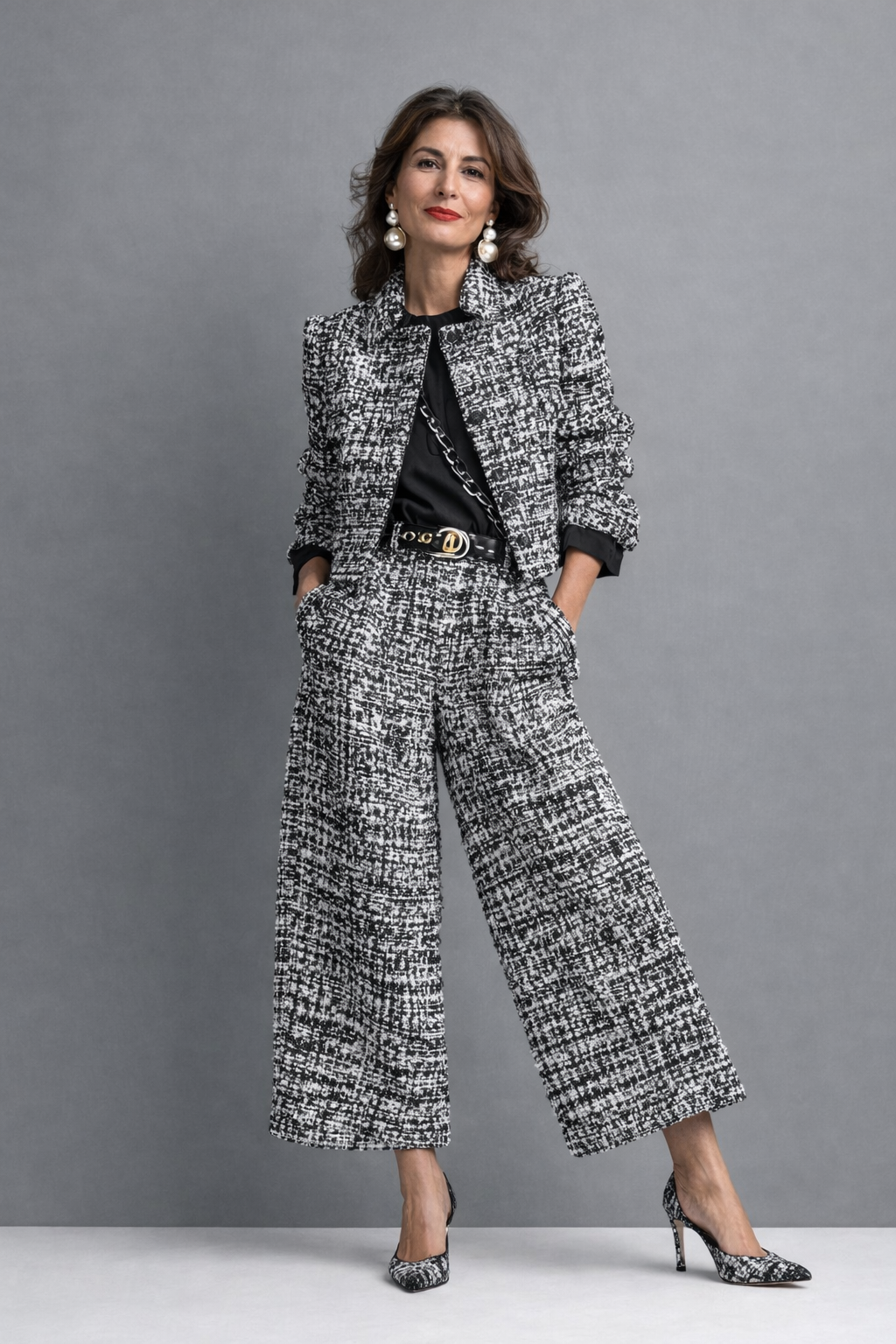 Lucia two-piece tweed set in black and white, full-length front view