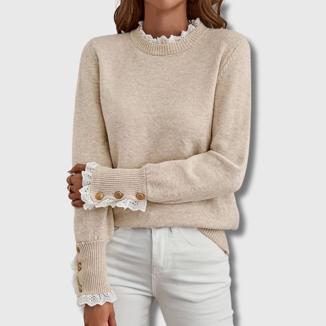 Tala elegant knit sweater in beige, front view with lace neckline