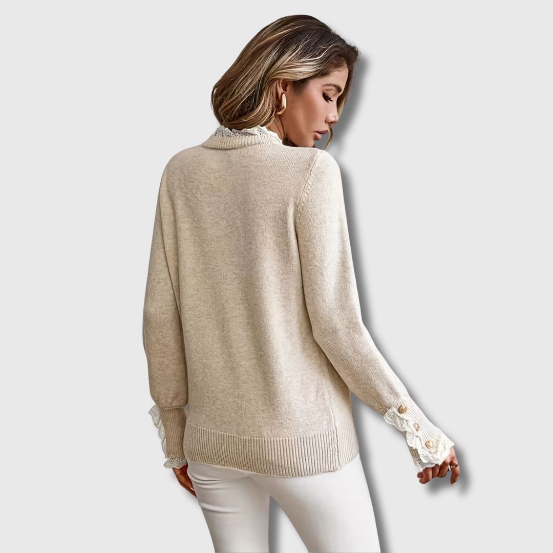 Tala knit sweater in beige, back view showing ribbed hem